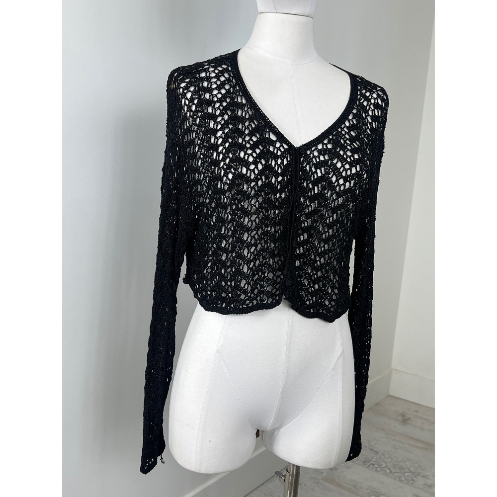 Crochet Knit Button Up Cropped Beaded Grunge‎ Sweater
